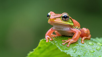 vibrant frog resting on leaf, showcasing its colorful skin and glistening droplets