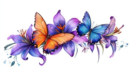 Two butterflies perched on purple lilies in an artistic rendering