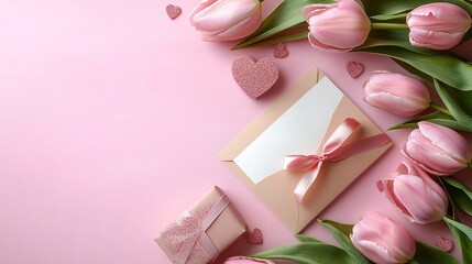 A soft arrangement of light pink tulips, a blank card, and a ribboned envelope on a pastel pink background, perfect for Mother's Day or International Women's Day greetings.