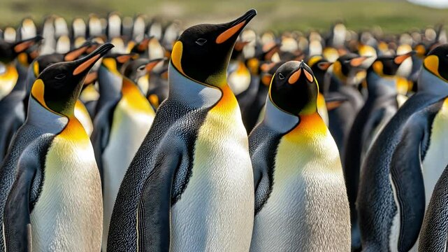 A colony of emperor penguins standing together, keeping warm in the icy Antarctic air.