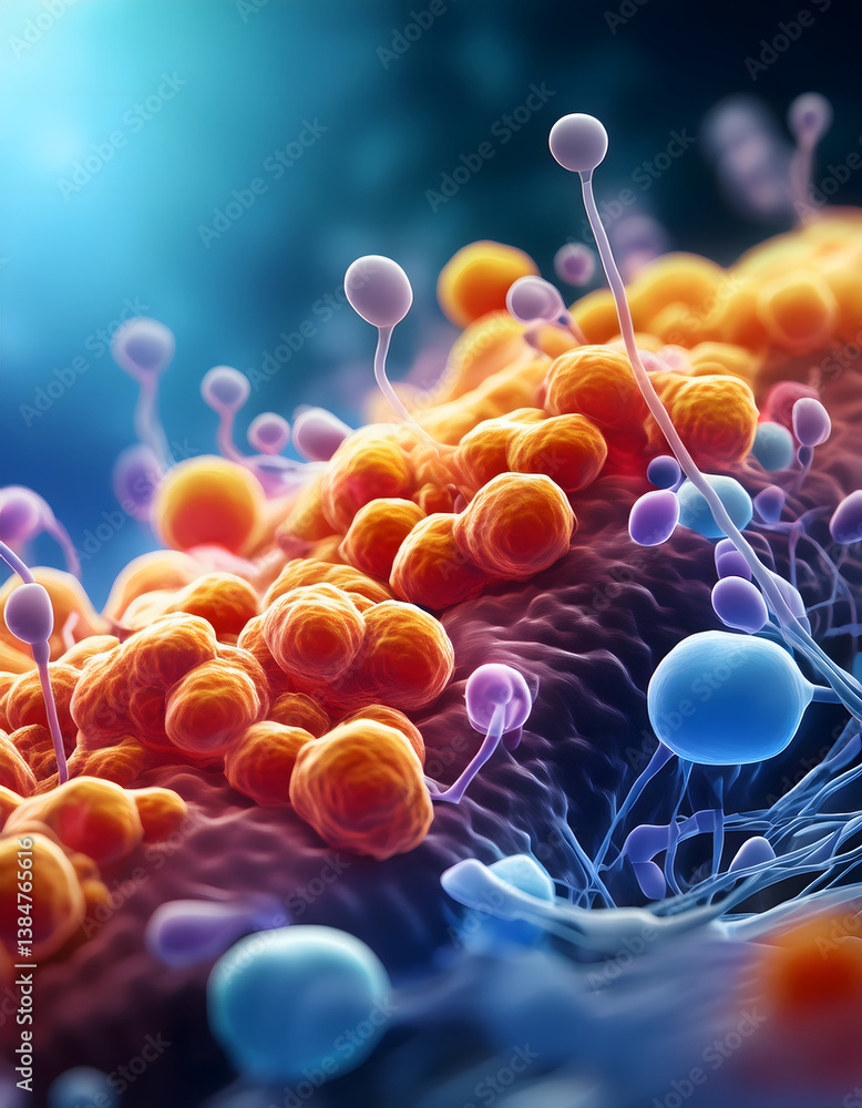 Poster Vibrant microscopic view of cellular structures showcasing various forms and colors, emphasizing biological complexity and diversity