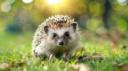 Naklejka premium A small, adorable hedgehog on soft grass. stock photo --ar 16:9 --style raw --v 6 Job ID: 8f14b1c1-d036-43a4-98e6-a81d77d536a4