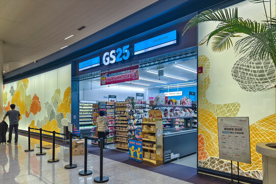 Incheon, South Korea - Mar 01, 2025: GS25 convenience store in concourse area of Incheon International Airport Terminal 2