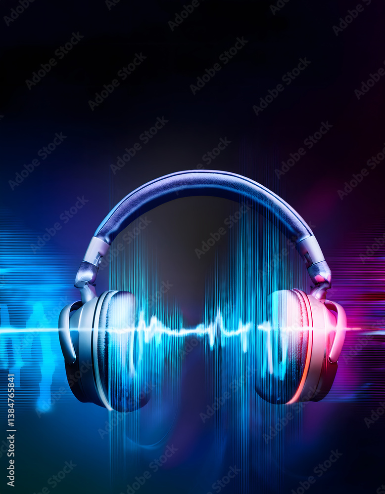 Poster Headphones with sound waves in vibrant colors creating a dynamic audio visual effect