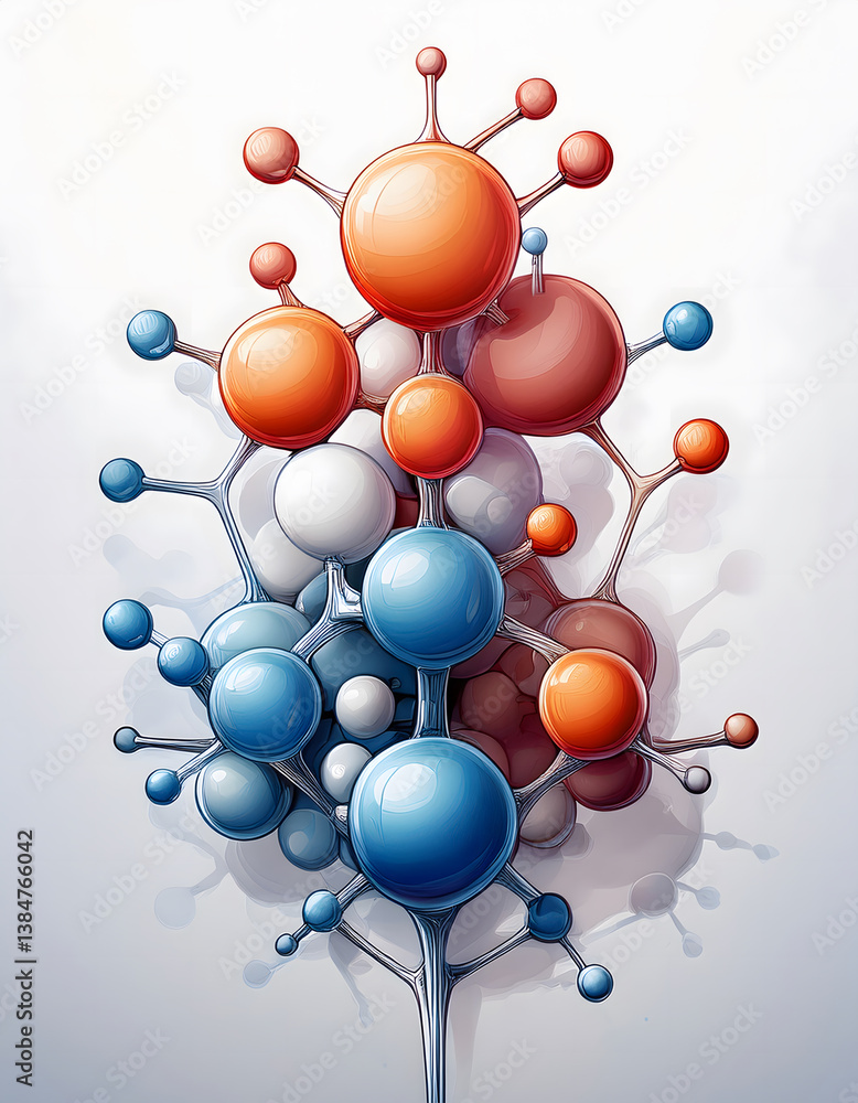 Poster Abstract molecular structure featuring colorful spheres interconnected by lines, representing scientific concepts or artistic interpretations