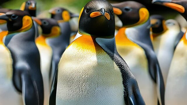 A colony of emperor penguins standing together, keeping warm in the icy Antarctic air.