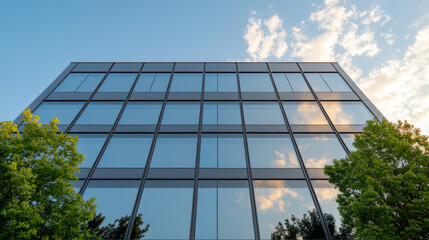Modern office building with reflective glass windows and greenery