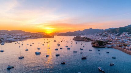picturesque coastal village at sunset, featuring boats in harbor and vibrant colors in sky