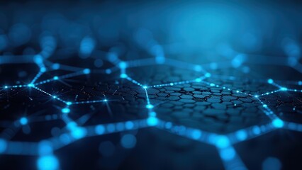 Abstract blue network with connected nodes and lines on a dark hexagonal background design element