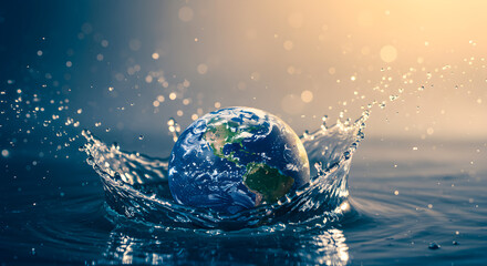 Blue Marble Earth Globe Splashing into Water with Dynamic Motion and Environmental Theme