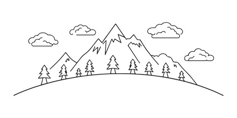 Cute kids coloring page. Landscape with sun, clouds, mountains, field, trees, bushes and flowers. Vector hand-drawn illustration in doodle style. Cartoon coloring book for children.