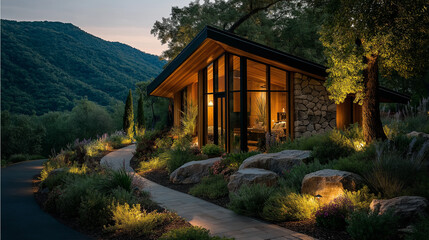 Tranquil Mountain Retreat: A beautifully lit cabin nestled in a mountain landscape, with a winding pathway inviting a sense of peace and serenity amidst nature's embrace.