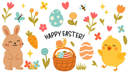 Cute Easter illustration set featuring a smiling bunny, happy chick, decorated eggs, flowers, butterflie, bee and festive basket on white background. Hand drawn in soft colors with a cheerful style