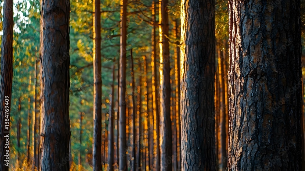 Aufkleber a serene forest scene with tall pine trees illuminated by warm sunlight filtering through the trees.