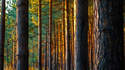 Obraz premium A serene forest scene with tall pine trees illuminated by warm sunlight filtering through the trees. Concept Serene Forest, Tall Pine Trees, Warm Sunlight, Nature's Tranquility