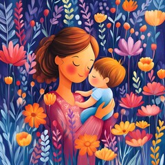 graphic design featuring an illustrated mother embracing her child, surrounded by floral elements. vibrant mother’s day poster with modern graphics