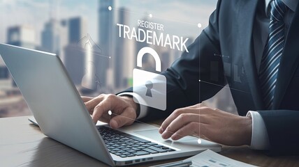 Trademark Registration: A Business Professional Secures Intellectual Property Online. A person works on a laptop computer with registration information showing, a symbol of legal protection.
