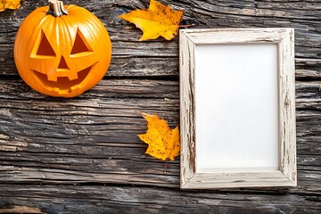 Autumnal Halloween Still Life with Carved Pumpkin and Blank Frame. A rustic, fall-themed image perfect for seasonal announcements or invitations.