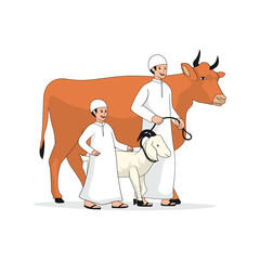 Cartoon illustration of Muslim people celebrating Eid al-Adha by bringing sacrificial animals