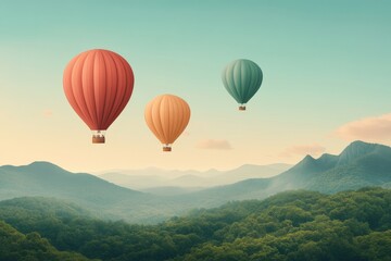 Obraz premium Colorful hot air balloons soaring over lush green mountains and serene landscape at sunset with clear sky and soft clouds in background