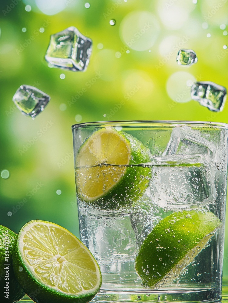Poster Refreshing cold lemonade with ice and fresh lime in a bright summer setting