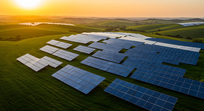 Vast Solar Panel Array in Green Field at Dusk Generates Sustainable Power in Rural Landscape