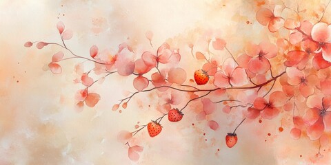 Fototapeta premium Watercolor painting of blooming flowers and strawberries on branch