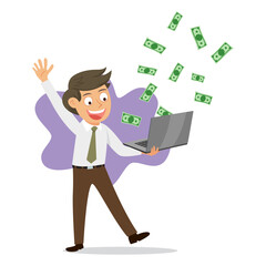 Happy And Smile Business Man With Laptop And Lots Of Money. Money On-Line Concept. illustration vector cartoon.