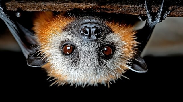Flying fox bat hanging upside down, showing its fur and eyes