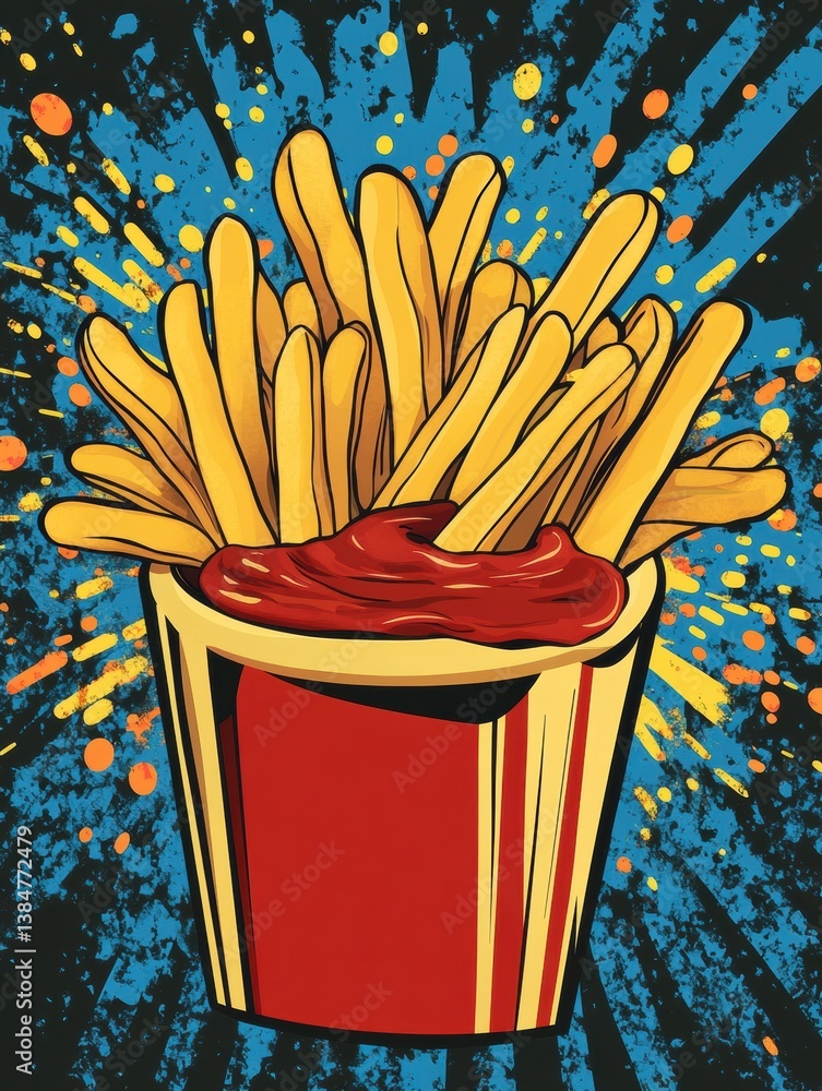 Poster delicious french fries in a vibrant pop-art style with bold colors and playful splashes of ketchup a