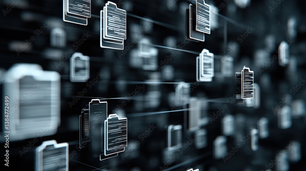 Poster abstract network grid with files and folders, futuristic software interface, digital document manage