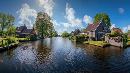 Fototapeta premium Dutch canal houses on a sunny day; idyllic village scene; scenic waterway; background for travel brochures