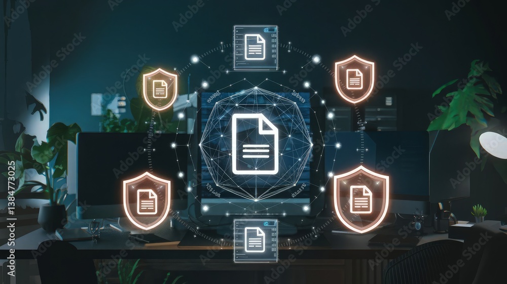 Poster cybersecurity fortress: a digital document securely guarded by interconnected shields, forming a for