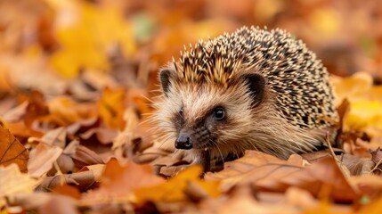 Fototapeta premium A hedgehog isolated on a bed of leaves. stock photo --ar 16:9 --style raw --v 6 Job ID: 6e58ad12-ccbd-4139-a600-889cc9d17e82