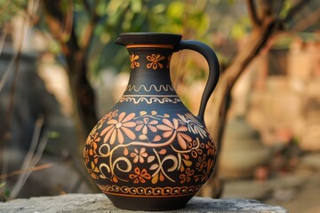 Traditional clay jug with intricate floral designs in a garden setting during daylight