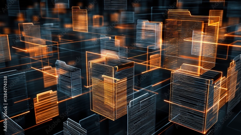 Poster abstract network grid with files and folders, futuristic software interface, digital document manage