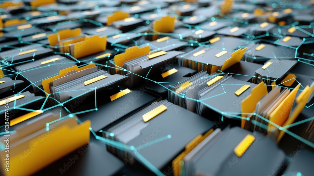Poster abstract network grid with files and folders, futuristic software interface, digital document manage