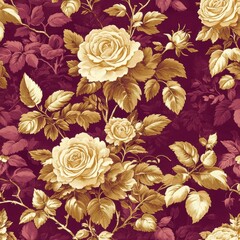 Vintage Floral Pattern with Yellow Roses on Burgundy Background