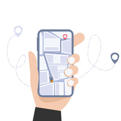 Hand holding smartphone tracking parcel online on GPS navigator through smartphone.  tracking online shopping parcel location tracking app on Smartphone.