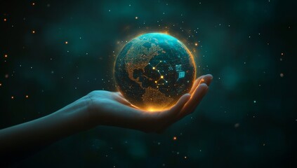 A hand holding a blue globe