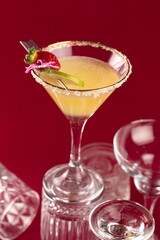 Cocktail glasses with fruit garnish with empty glass glasses on red background