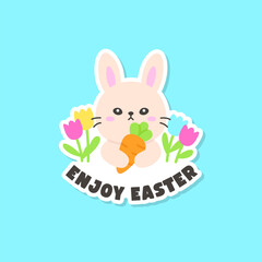 Bunny Holding Carrot and Tulips with Enjoy Easter Message
