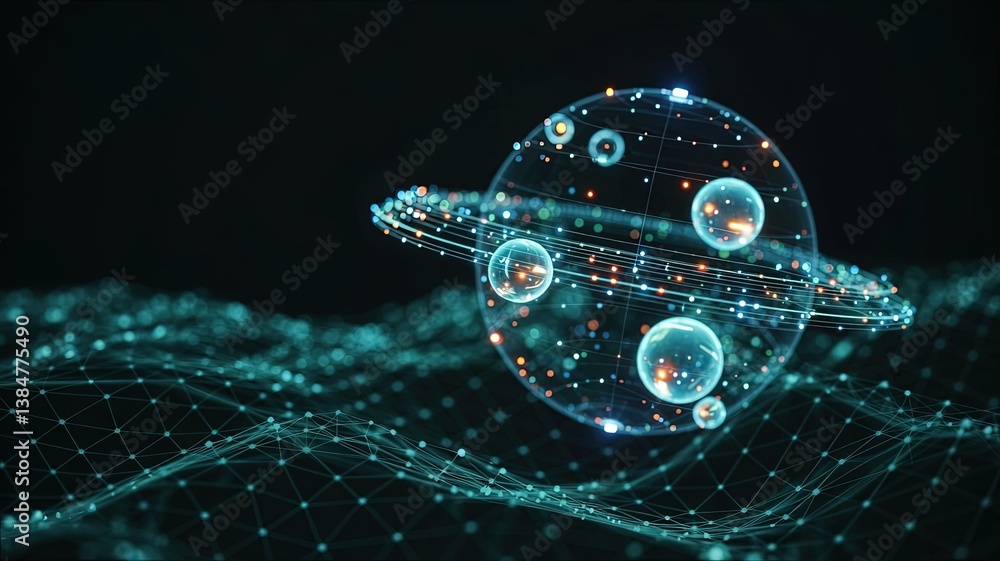 Poster cosmic spheres: a mesmerizing digital rendering of a planet with shimmering rings and floating orbs 