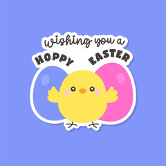 Cheerful Chick with Pink and Blue Eggs and Wishing You a Hoppy Easter Text