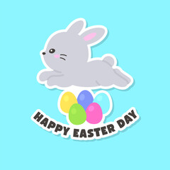 Gray Bunny Hopping Over Colorful Easter Eggs with Happy Easter Day Text