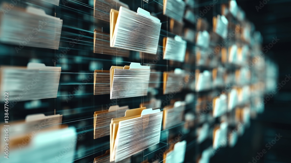 Poster abstract network grid with files and folders, futuristic software interface, digital document manage