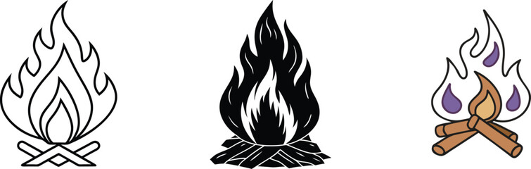 Campfire Flames Line Art, Black, White, and Color Designs