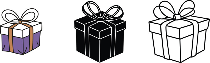 Gift Box Illustrations Purple, Black, White Outline Designs