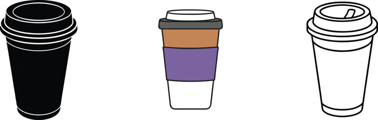 Coffee Cups Black, Latte, and Outline Designs for Branding