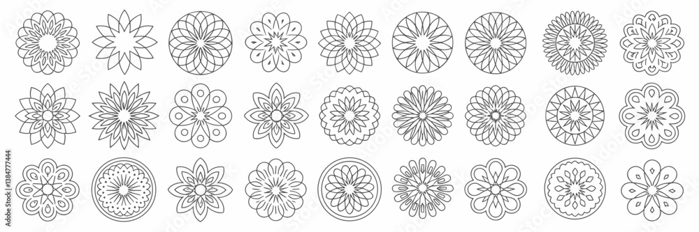 Poster black and white vector mandala pattern icon set with various symmetrical designs